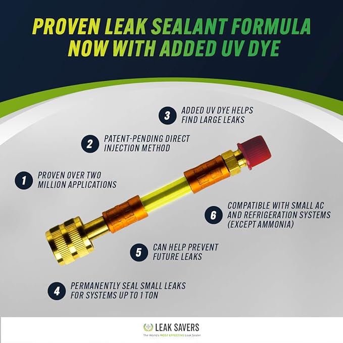 Leak Saver Direct Inject Small System with UV Dye - Refrigerant Leak Sealer - Detects Large Leaks - Ideal for Most Small Home Appliances and HVAC Systems up to 1 Ton - Proudly Made in The USA