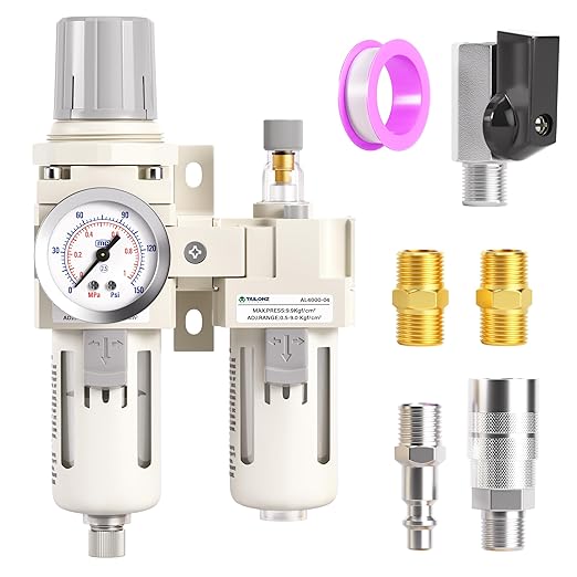 TAILONZ PNEUMATIC 1/2 Inch NPT Air Filter Pressure Regulator Water/Oil Trap Separator Combo(0-145PSI),Air Tool Compressor Filter with Gauge AC4010-04(Manual Drainage)
