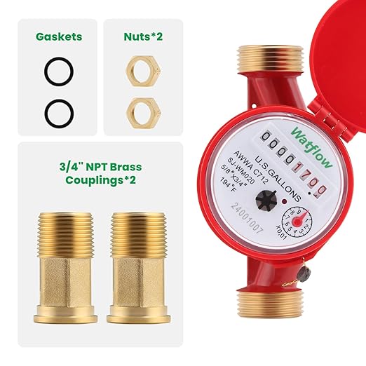 Watflow DN20 Water Meter 3/4" NPT, Gallon Water Flow Meter with Pulse Output, Hot Water Meter with Brass for Garden or Factory, Single-Jet Horizontal Install.(No Lead-Free)