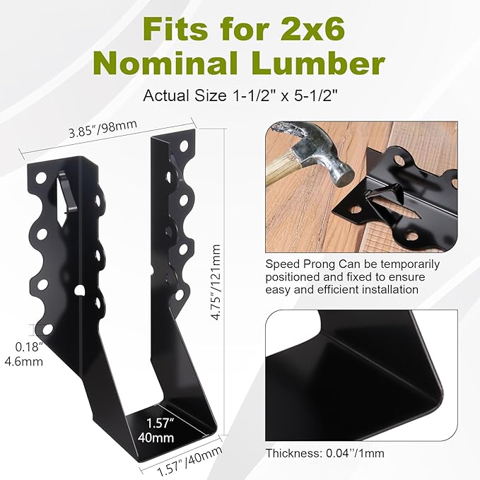 50 Pcs 2x6 Joist Hangers, 20 Gauge Heavy Duty Face Mount Joist Hangers for Wood, Black Powder Coated Hurricane Ties Deck Brackets for Rafters, Floor, Ceiling, Roofs