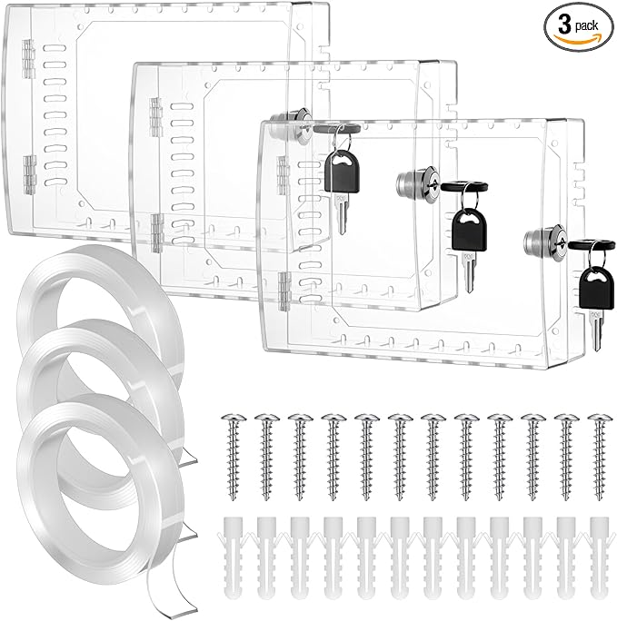 3 Pack Large Thermostat Lock Box Cover with Key – Clear, Durable PC Material – Universal Fit for Thermostats up to 4.8"H x 6.2"W, Tamper-Proof & Energy-Saving Solution
