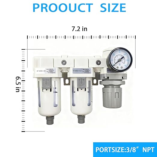 XingNEeng 3/8" NPT Compressed Air Filter Regulator Lubricator (FRL) Unit, Double Water/Oil Trap Separator, Gauge(0-150 psi), Semi-Auto Drain Air Compressor Water Separator, Poly Bowl, Metal Bracket