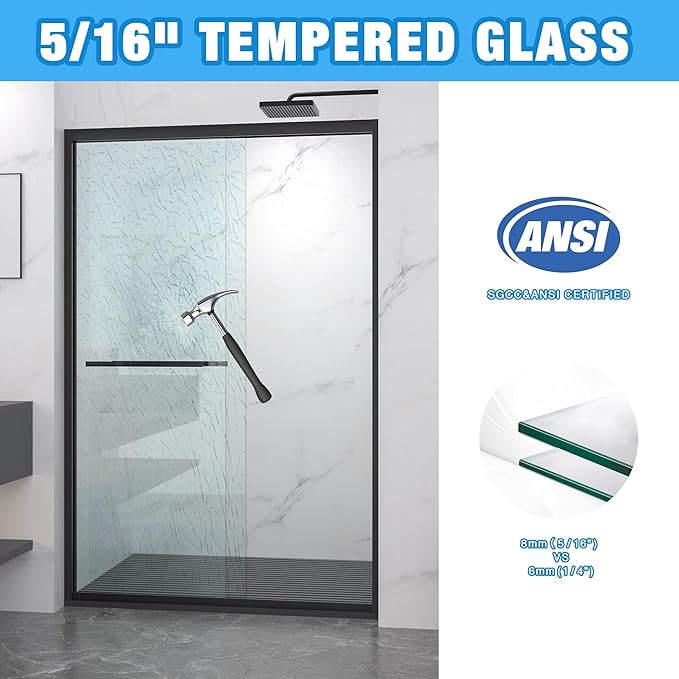 KEIKI Double Sliding Shower Door 44"-48" W x 72" H, 5/16 inch Tempered Glass Door for Walk-in Shower,Bypasss Bathroom Shower Enclosure, with Towel Bar & Mute Sliding Rollers,Matte Black Finished