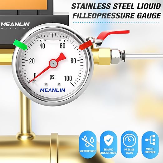 MEANLIN MEASURE 0~100Psi Pressure Gauge, Glycerin Filled 1/8" NPT 1.5" FACE DIAL, Stainless Steel Liquid Filled Pressure Gauge WOG Water Oil Air Back Mount (with 2PCS Snaps)