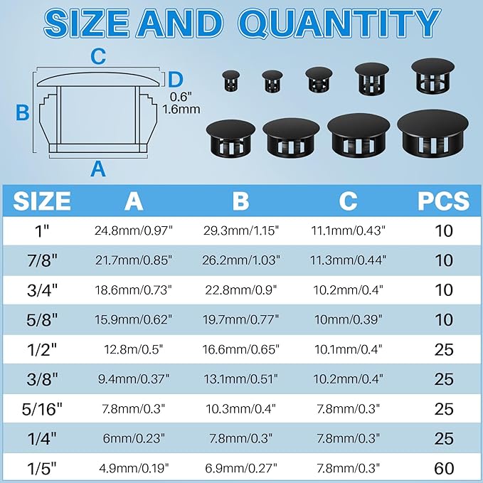 200Pcs Plastic Hole Plugs - 9-Size 1/5" 1/4" 5/16" 3/8" 1/2" 5/8" 3/4" 7/8" 1" Round Nylon Screw Hole Plug, Panel Knockout Locking Plugs, Insert End Caps for Furniture Kitchen Cabinet(Black)
