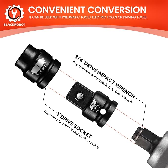 BLACKROBOT 2 Pieces 3/4” F To 1” M Impact Socket Adapter Set, SAE Drive Cr-Mo Steel Exceeds ANSI Standards, Square Drive Socket Reducer for Impact Driver Wrench
