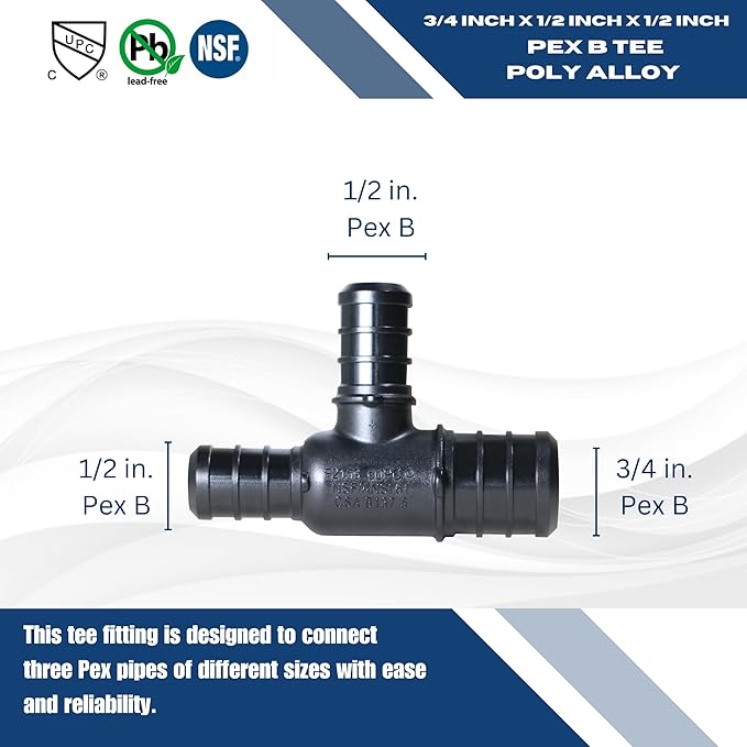 XFITTING Poly Pex B Barb Crimp 3/4 X 1/2 X 1/2 Pex B Tee, Poly Alloy, 5 Pieces