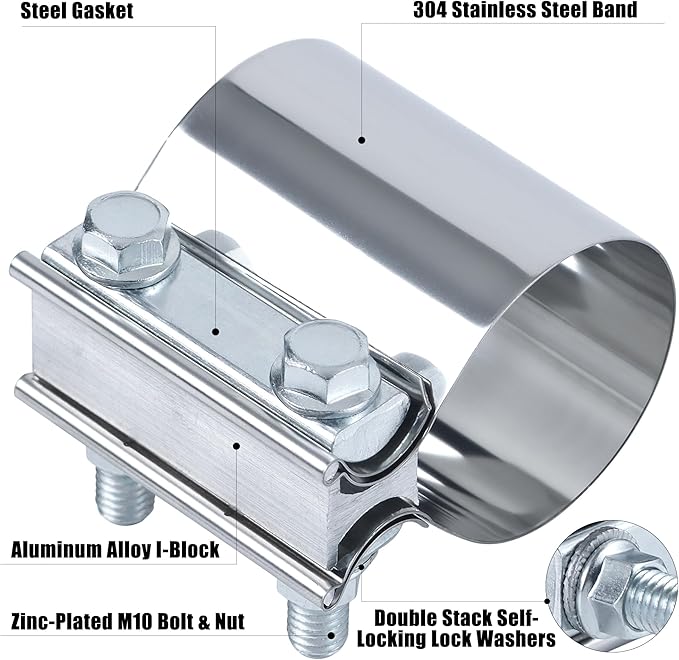 3.0 Inch Exhaust Clamp, 3 inch Butt Joint Exhaust Pipe Muffler Band Clamp Sleeve Coupler Stainless Steel(1Pcs)