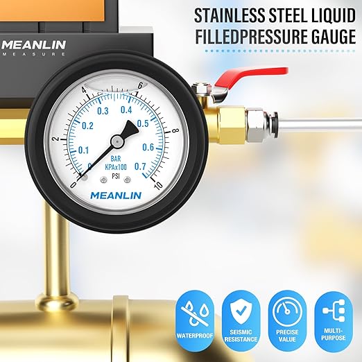MEANLIN MEASURE 0~10Psi Stainless Steel Liquid Filled Pressure Gauge 1/4" NPT 2.5" FACE DIAL with Rubber Protective Sleeve, Center Back Mount