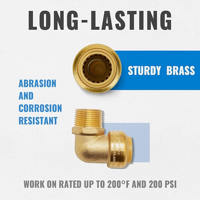 SUNGATOR 3/4 Inch Male Adapter Elbow, 3/4 Inch MNPT, No Lead Brass Push-to-Connect Plumbing Fittings for PEX Pipe, Copper, CPVC, with 1 Disconnect Clip and 1 Sealing Tape, Pack of 6