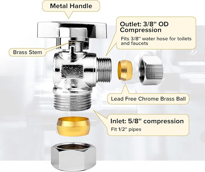 Toilet Connector Plumbing kit，Complete Toilet Set Valve, 1/2 inch NOM Inlet x 3/8 inch OD Compression Outlet Angle Shut Off
