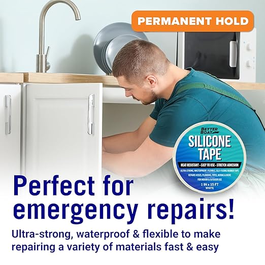 Better Boat White Heavy Duty Silicone Tape, Self-Fusing Rubber Hose and Plumbing Water Pipe Repair Seal, Coax Electrical or Waterproof Tape for Leaks, 15ft