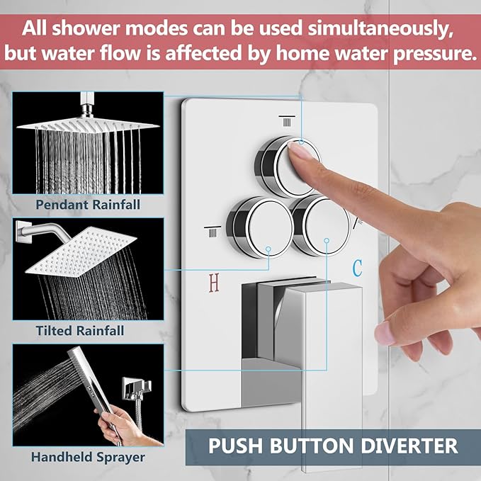 Aolemi Shower Faucet Set Ceiling Mount Shower System Rough-in Valve and Shower Trim Kit 12 and 6 Inch Dual Shower Head 2 in 1 Handheld Spray Push Button Diverter Polish Chrome