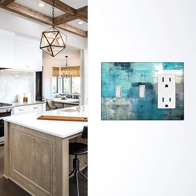 Turquoise Grey Light Switch Cover 3 Gang Decora/Toggle Decorative Wall Switch Plates Abstract Art Wallplates Outlets Cover for Kitchen Bedroom Decor