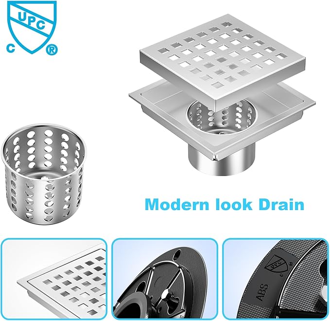 4-1/3 Inch Square Shower Floor Drain with Removable Cover Grid Grate, SUS 304 Stainless Steel, Watermark&CUPC Certified, Chrome Finished (Chrome, 4 in)