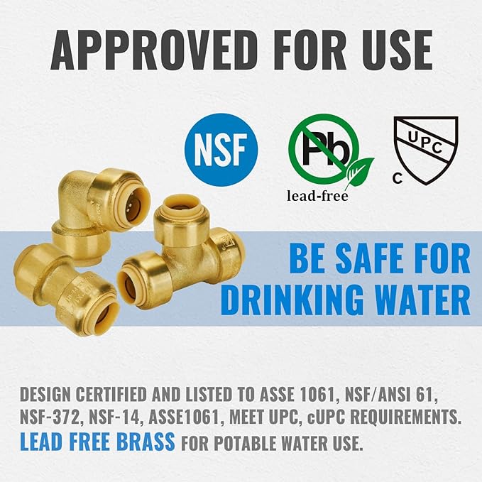 SUNGATOR Plumbing Fittings 1/2 Inch, Push Pex Fittings 1/2 Inch, 5 Each Coupling and 90 Degree Elbow, Tee(2 PCS), No Lead Brass Push to Connect Pex Pipe,Copper,CPVC, with 1 Disconnect Clip, Pack of 12