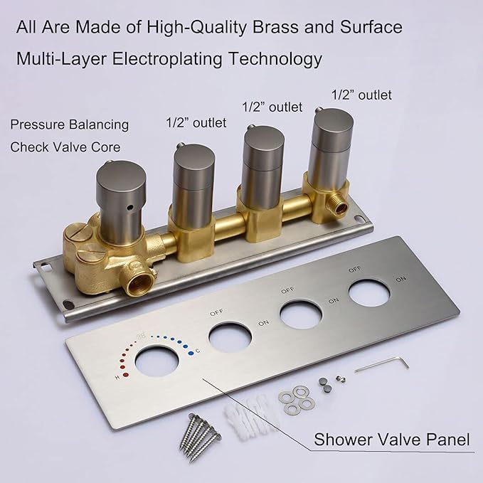 Thermostatic Shower Valve Concealed Mount, 3 Way Shower Mixing Valve Flow Can Control, Pressure Balancing, Brushed Nickel