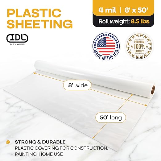 Plastic Sheeting 4 mil, 8' x 50' (400 sq. ft.) - Thick Semi-Clear Plastic Sheeting for Construction, Painting, Slide&Slip - LDPE Film Roll - Heavy Duty Thick Polyethylene Rolls by IDL Packaging