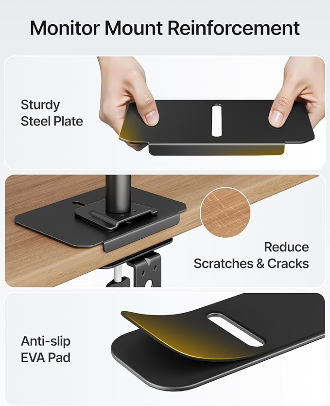 monTEK Adjustable Steel Monitor Mount Reinforcement Plate, Desk Stabilizer Plate for Thin, Glass or Fragile Desks,Universal Protective Support for C-Clamp & Grommet Monitor Arms, No Scratch Bracket