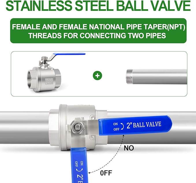 TAISHER 1 PCS 2 Inch FNPT Heavy Duty Full Porat Ball Valve 304 Stainless Steel with Blue Handles