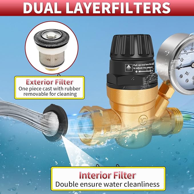Boltigen RV Water Pressure Regulator with Gauge, 3/4'' GHT Lead-Free Brass Fresh Water Hose Pressure Reducer Valve, Adjustable Water Pressure Regulator for RV Camper