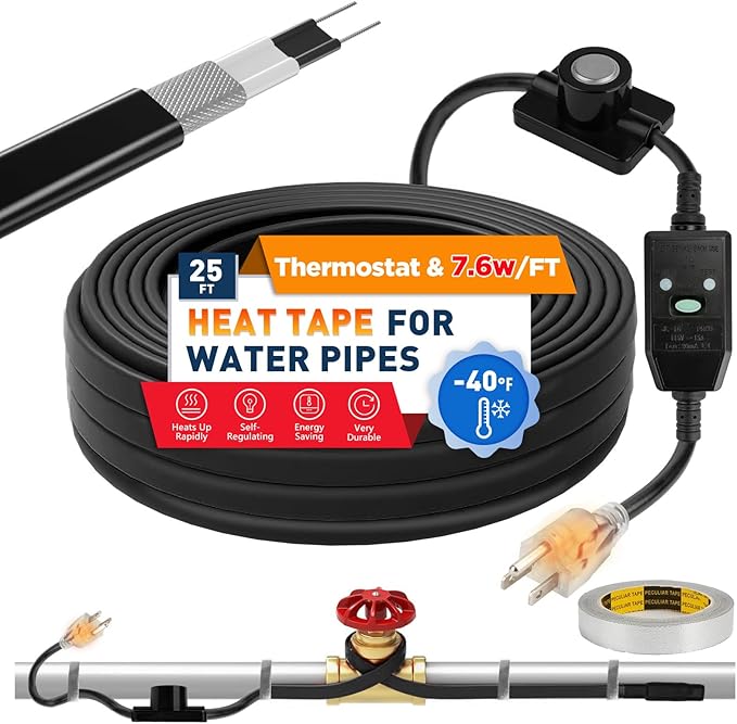 3~100FT Heat Tape for Water Pipes, UL & ETL Certified 25 FT Self-Regulating Pipe Heating Cable with Thermostat for Pipe Freeze Protection, Waterproof Heat Tape for Metal and Plastic Pipes,Black