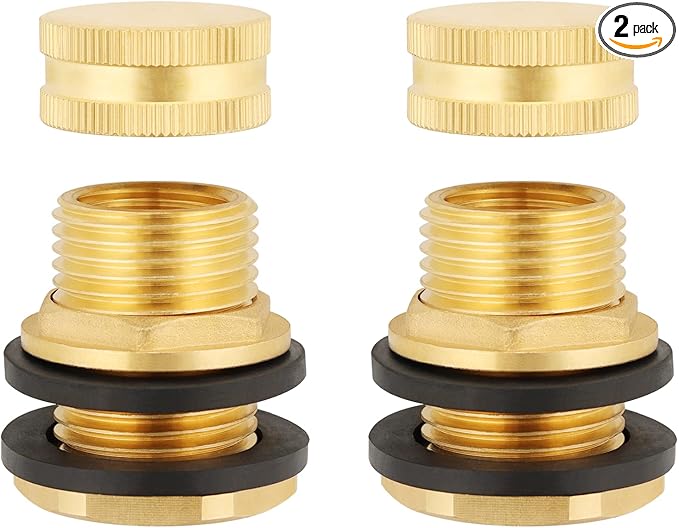 Brass Tank Bulkhead Fitting With Plug,Double 1/2" Female NPT and 3/4" Male GHT (Garden Hose Threaded) 2 Pack