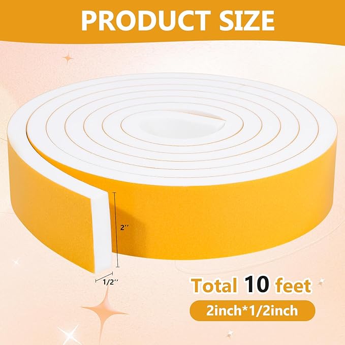 Weather Stripping Seal (2 Inch X 1/2 Inch) for Door Window, 10Feet High Density Foam Tape, Soundproofing, Insulation Strip, Door Sealers for Door Frame- White
