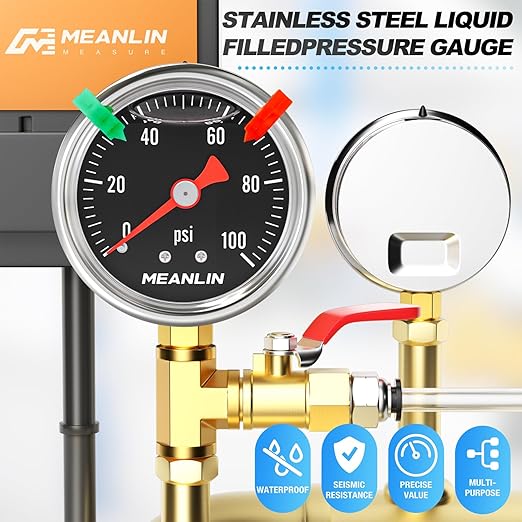 MEANLIN MEASURE 0~100Psi Black Stainless Steel Pressure Gauge, Glycerin Filled 1/8" NPT 1.5" FACE DIAL, Liquid Filled Pressure Gauge WOG Water Oil Air Lower Mount (with 2PCS Snaps)