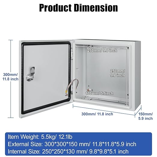 LeMotech Electrical Box 12 x 12 x 6 inch Junction Box, IP66 Waterproof Dustproof Steel Enclosure Wall-Mounted for Outdoor/Indoor Lockable with Equipment Mounting Plate