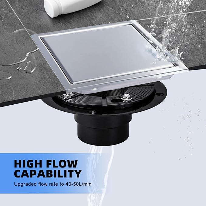 morefine Square Shower Floor Drain with Flange, Shower Drain 6 inch with 2 in 1 Tile-Insert Cover, SUS 304 Stainless Steel, Brushed Nickel