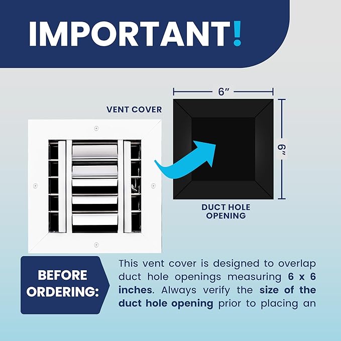 6x6 Inch (Duct Opening) Aluminum 4-Way Air Flow Vent – HVAC Vent Cover for Wall or Ceiling – Quiet HVAC Wall Register with Multi-Shutter Damper – Adjustable Curved Blade - Plastic Seal for Tight Fit
