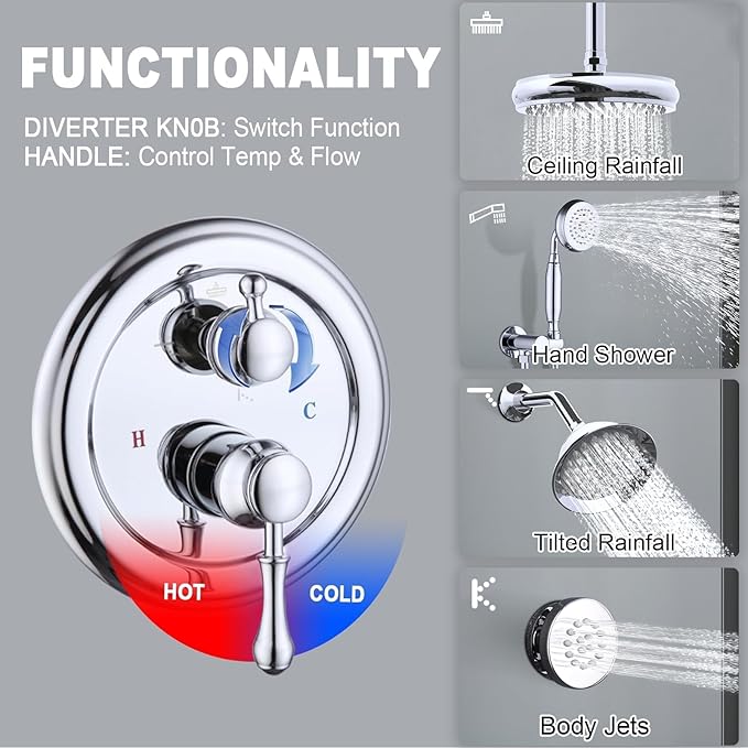 Enga Antique Shower Faucet Sets Dual Heads with 4 Body Jets, 8" + 6" Ceiling & Wall Mount Vintage Shower Head with Handheld Spray Combo, 4 Way Diverter Brass Valve, Chrome