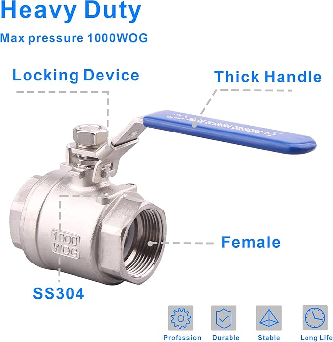 DERNORD Stainless Steel 304 Ball Valve, Full Port Heavy Duty for WOG with Locking Device (1-1/4" NPT)