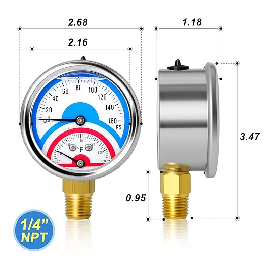 MEANLIN MEASURE 2PCS 0-160Psi Stainless Steel Thermal Pressure Gauge 30-250℉ 1/4" NPT 2.5" FACE DIAL Liquid Filled Pressure Gauge, with 1/2" NPT and 3/8" NPT Hex Bushing, Lower Mount