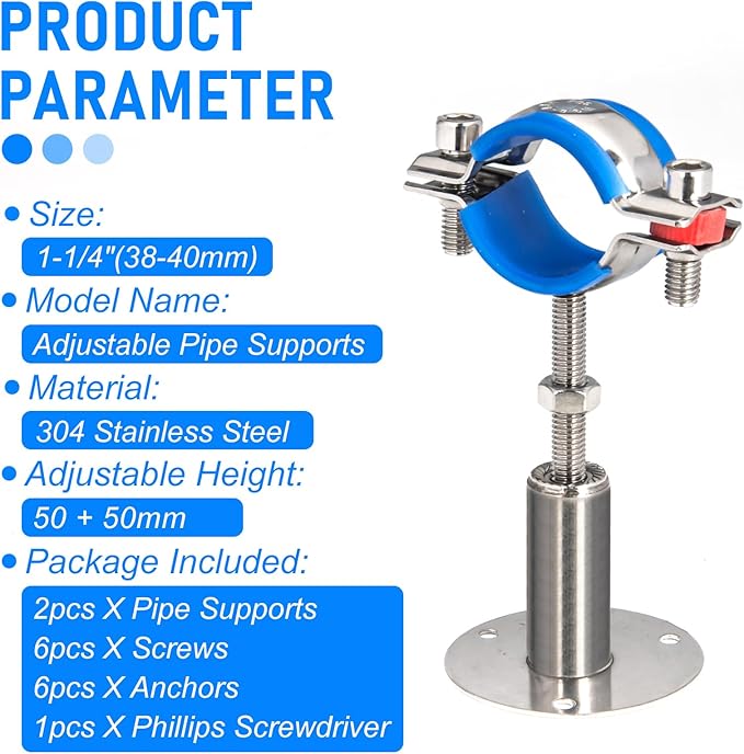 Kodilin 2PCS 304 Stainless Steel Wall Mount Ceiling Mount Pipe Supports,Suitable for OD Pipe 1-1/4"(38-40mm),Adjustable Height 50-100mm,Adjustable Pipe Strap Clamp with Screws