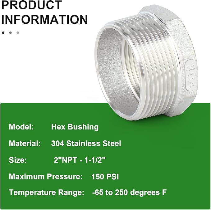 TAISHER 2PCS 304 Stainless Steel Reducer Hex Bushing, 2" NPT Male x 1-1/2" NPT Female, Reducing Pipe Adapter Fitting