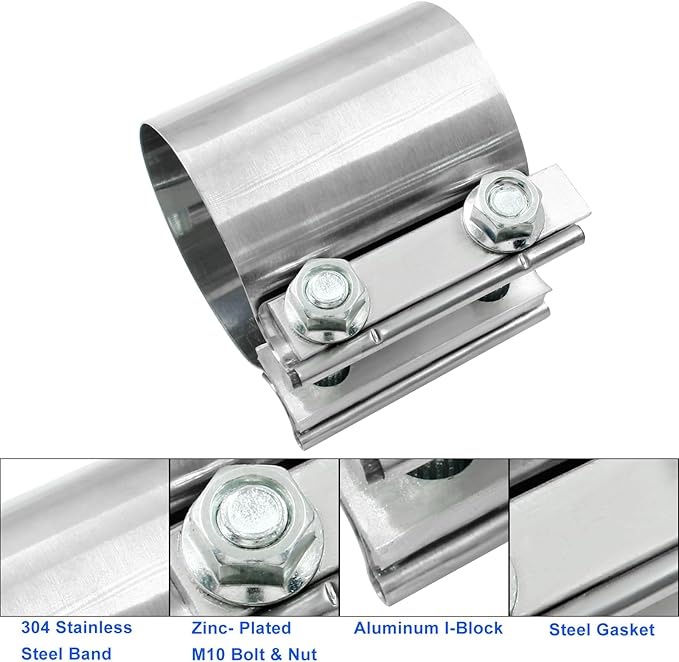 2.5'' Heavy Duty 304 Stainless Steel Lap Joint Exhaust Pipe Seal Band Clamp, Repair Clamp Sleeve Coupler for Emergency Pipe Repair, Pack of 1