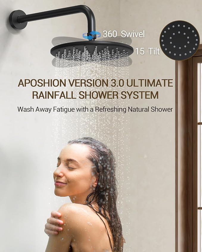 Upgraded Shower Faucet Set with Tub Spout: Aposhion 9 Inch Round Rainfall Shower System Rough-in Pressure-balanced Valve with Handheld Sprayer, Wall Mounted Bathtub Shower Faucet Kit Complete