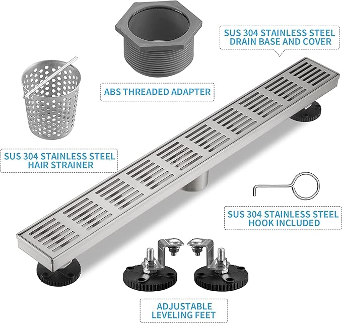 Linear Shower Drain 32 Inch, Professional Brushed SUS-304 Stainless Steel Shower Drain, 51L/Min Fast Drainage Floor Linear Drain, US Standard CUPC Certified, Brushed Silver, SD-109