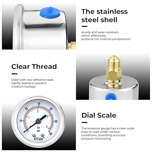 0-60 Psi Low Pressure Gauge, 2" Dial Size, 1/4 NPT Back Mount, Stainless Steel Case for Water Pressure Gauge Test for Water Pipe, HVAC(with Tape)