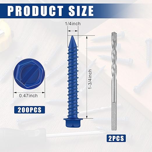 200 Qty 1/4" x 1-3/4" Hex Head Concrete Screws Anchor with Drill Bits Blue Slotted Hex Screws for Anchor Masonry, Block, Brick, Cement, Stucco, Diamond Point and Wood Fastening