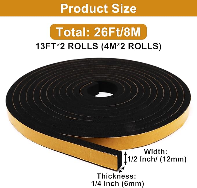 Weather Stripping Door Seal Strip, Strong Adhesive, Cold Insulation, Weatherproof, High Density Foam Insulation Tape for Doors, Windows, Sliding Door, Black (1/2 in x 1/4 in x 26 Ft)