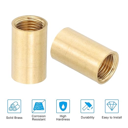 PATIKIL Lamp Pipe Brass Coupling Nut, 5 Pcs 20mm Long M10 Fine Round Thread Sleeve Lamp Pipe Adaptor Rod Connector Hardware for Light Fixture Assembly or Repair, 12mm OD.