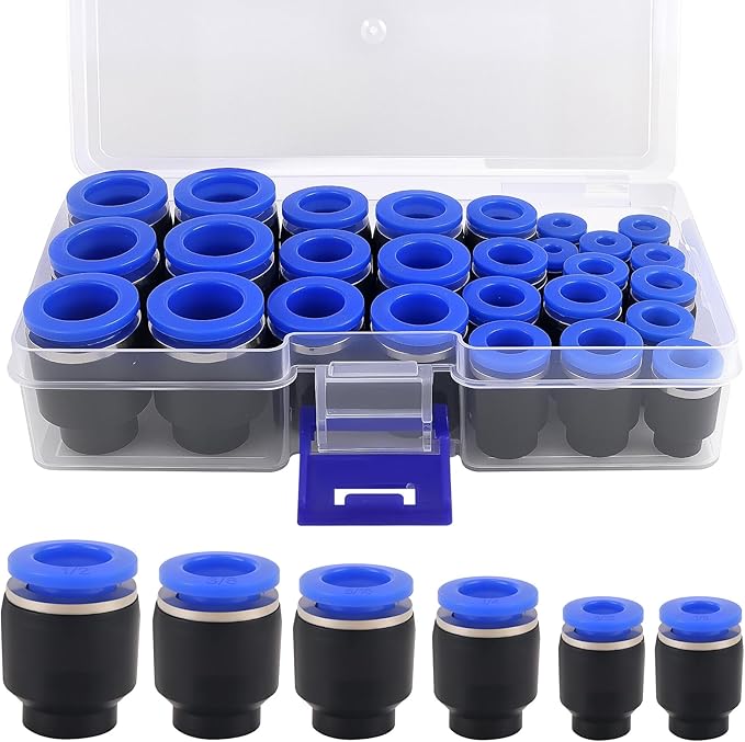 36PCS Push-to-Connect Air Line Fitting Plug, Kalolary Quick Connect End Plugs Brake Line Plug Air Hose Fittings Quick Cap Plugs Fitting for 1/8" 5/32" 1/4" 5/16" 3/8" 1/2" OD Tube