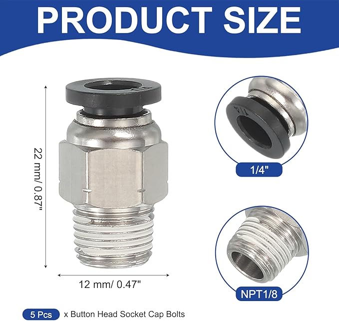 MECCANIXITY 5 Pcs NPT Push to Connect Air Fittings, Male Straight 1/4" Tube OD x 1/8" NPT Thread Air Quick Connector Coupling Adapter for Gas Hose Pneumatic Tools, Black