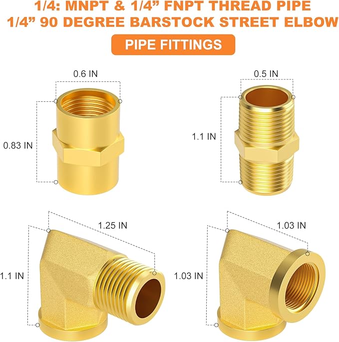 GASHER 24PCS 1/4 Inch NPT Brass Pipe Fittings, Hex Nipple, Hex Coupling, 90 Degree Barstock Street Elbow Air Hose Fittings
