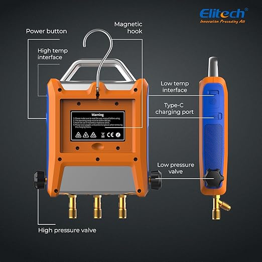 Elitech EMG-20V Intelligent HVAC Digital Manifold Gauge Three Port with Vaccum Sensor Thermometer Clamps Hoses