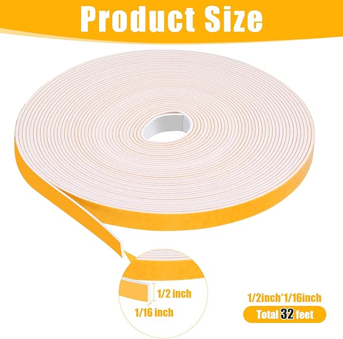 32Feet Weather Stripping Seal (1/2 Inch X 1/16 Inch) for Door Window, High Density Foam Tape, Soundproofing, Insulation Strip, Door Sealers for Door Frame- White