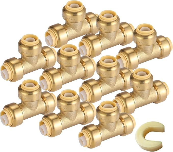 1/2" Pushfit Tee,10 Pack PEX Brass Push-fit Tee with 1 Pack Disconnect Clip, Push-to-Connect Plumbing Fittings for PEX, Copper, CPVC(PF118-10Pack)